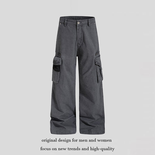 Damen Weite High‑Waist Canvas-Cargohose mit Multi‑Taschen und Netz-Details Drune