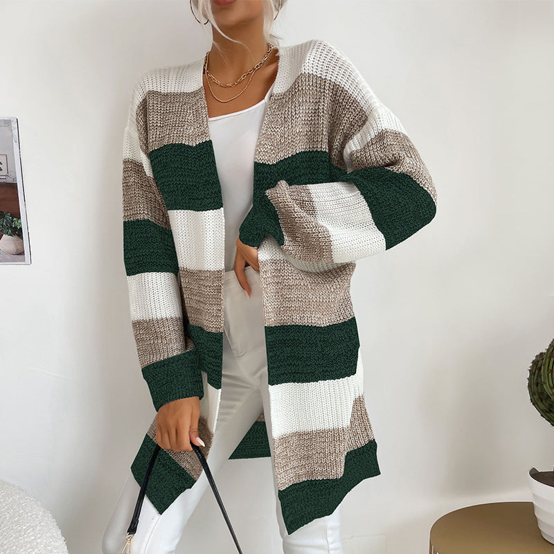 Damen Langer Oversize-Strickcardigan mit Blockstreifen und offener Front Drune