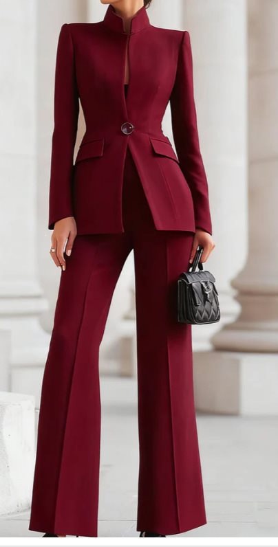 Damen Taillierter Blazer mit Stehkragen und High‑Waist ausgestellte Hose Drune