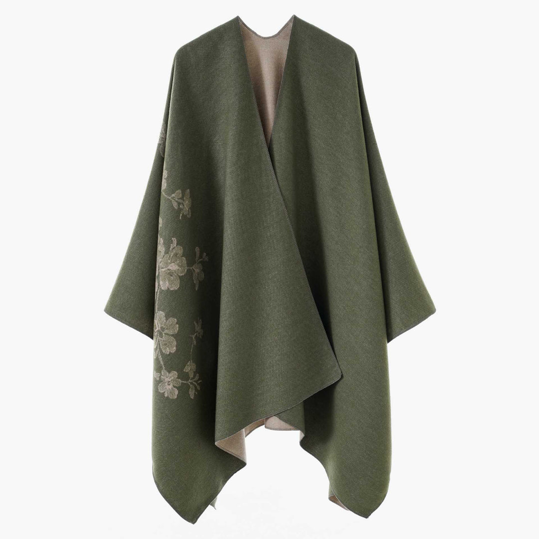 Damen Offener Reversibler Wollmix‑Cape mit floralem Jacquard Drune