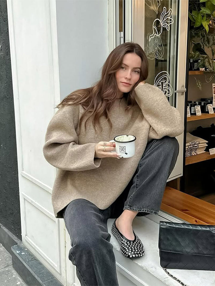 Damen Oversized Feinstrick-Pullover mit Rundhalsausschnitt und Ballonärmeln Drune