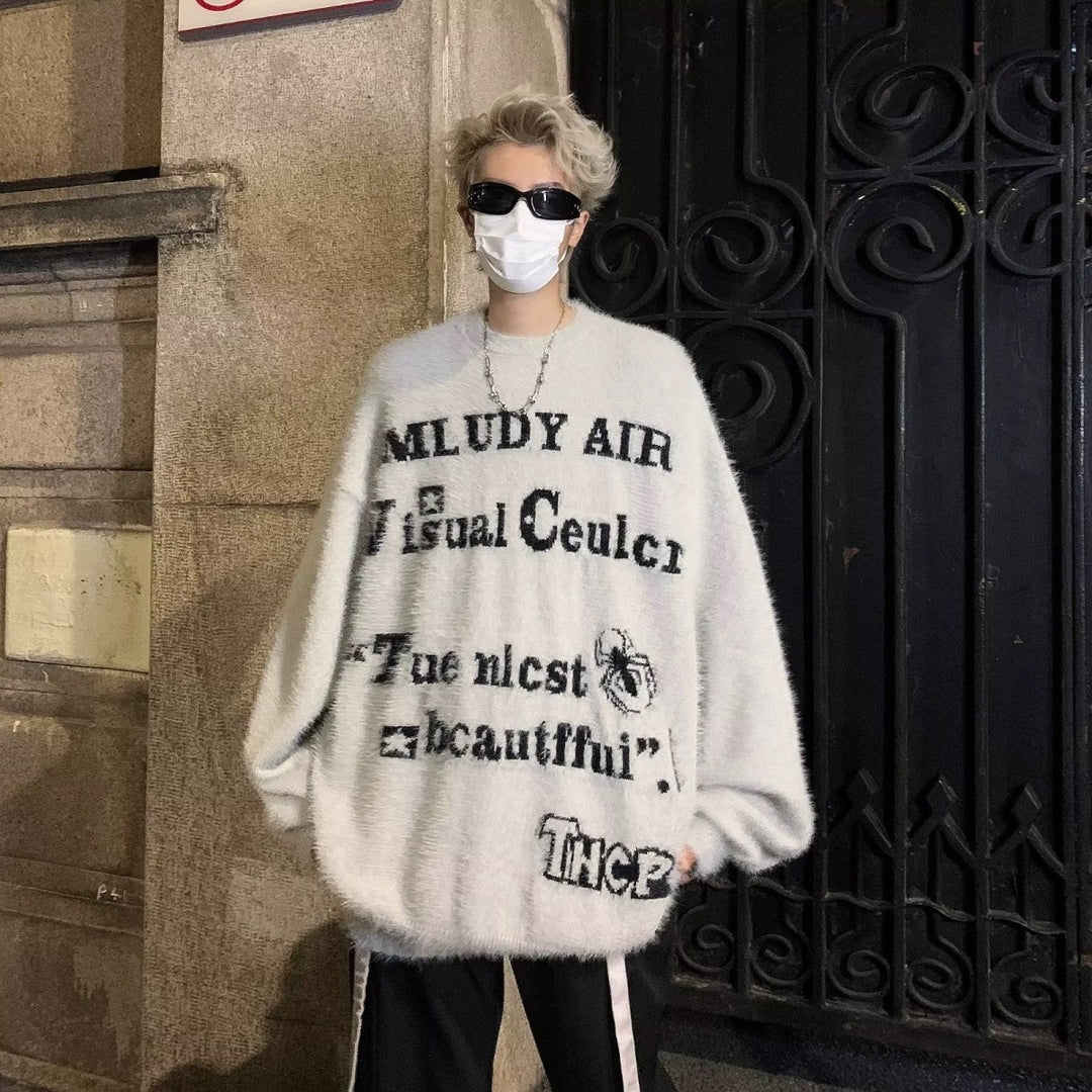 Damen Oversized Strickpullover mit grafischem Schriftzug Drune