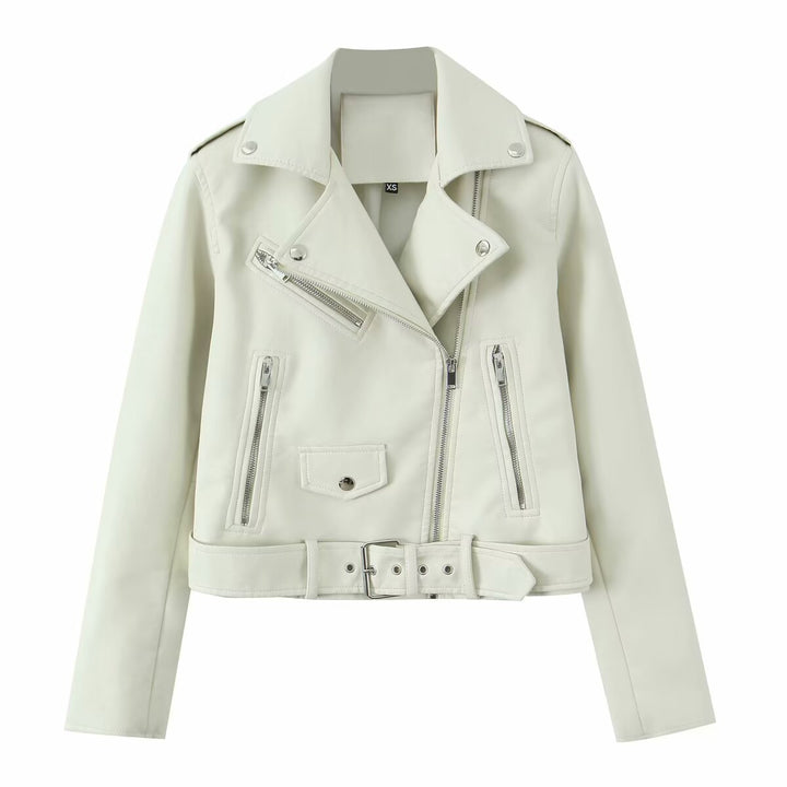 Damen Robuste taillierte Bikerjacke aus Kunstleder mit asymmetrischem Reißverschluss und Taillengürtel Drune