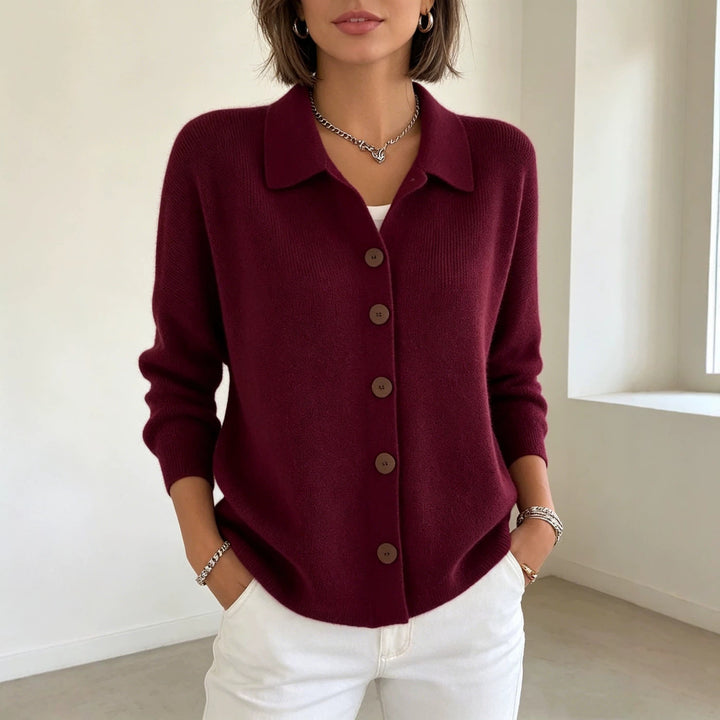 Damen Feinstrick-Cardigan mit Hemdkragen, entspannter Silhouette und Holzknöpfen Drune