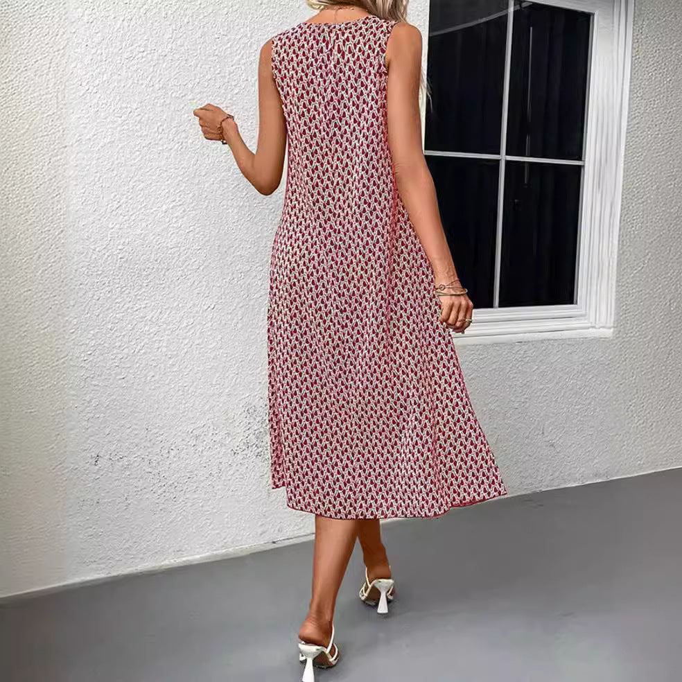 Damen nan ärmelloses Sommer-Midikleid in A-Linie mit Rundhalsausschnitt, seitlichem Beinschlitz und legerem Fall Drune