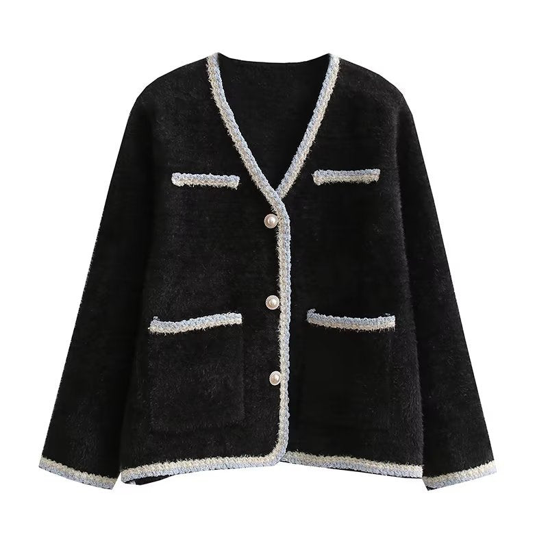 Damen elegante Strickjacke mit dekorativen Perlenknöpfen und praktischen Taschen Drune