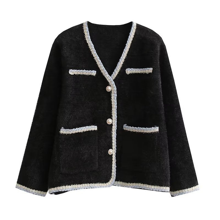 Damen elegante Strickjacke mit dekorativen Perlenknöpfen und praktischen Taschen Drune