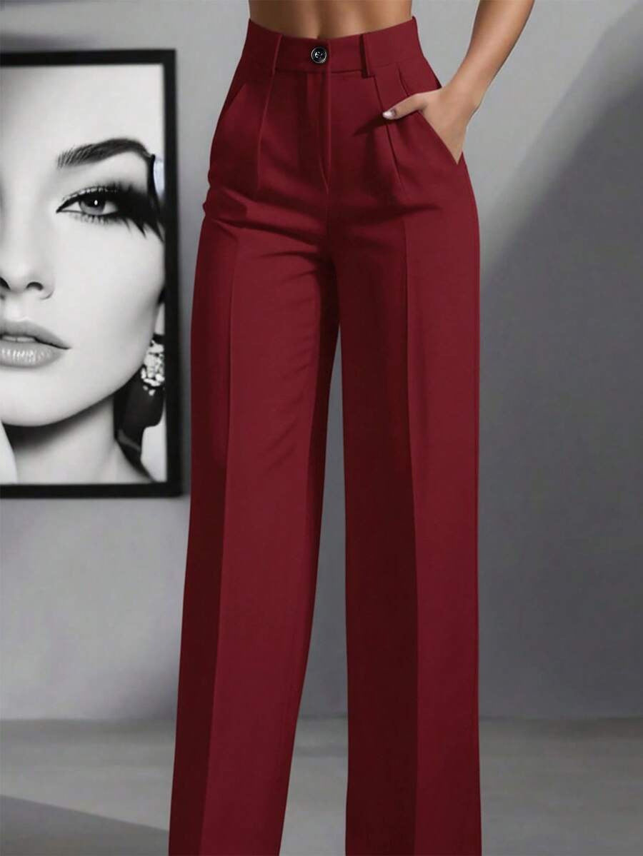 Damen Hochtaillierte Palazzo-Stretchhose mit Bügelfalte und Eingrifftaschen Drune