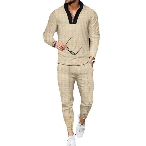 Herren nan modernes Freizeit-Set Halbzip-Henleypullover mit Raglanärmeln und tapered Bügelfalten-Jogginghose Drune
