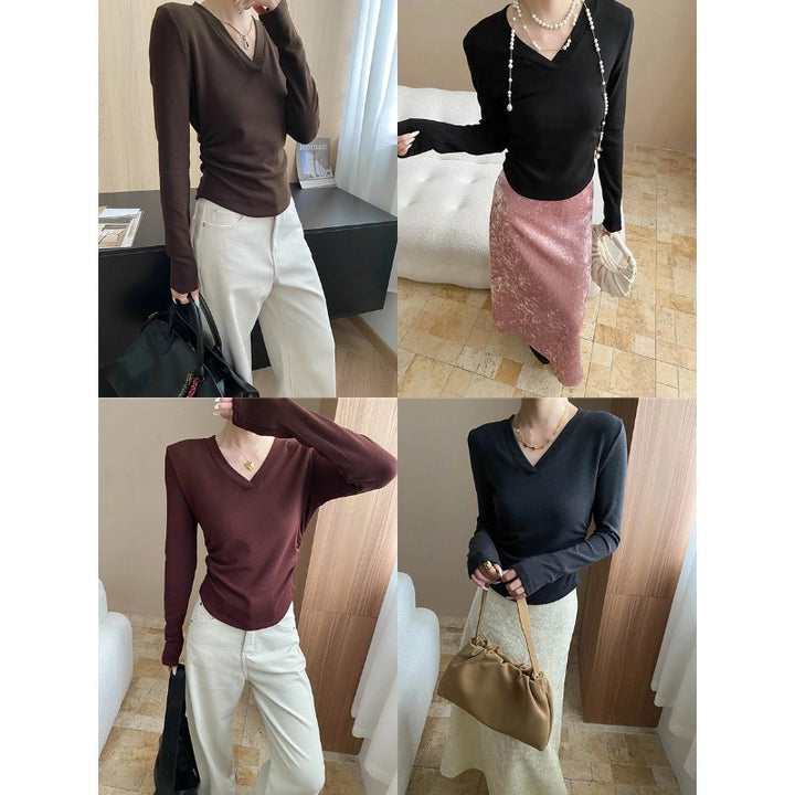 Damen figurbetontes Longsleeve-Oberteil mit tiefem V-Ausschnitt und Raffung Drune