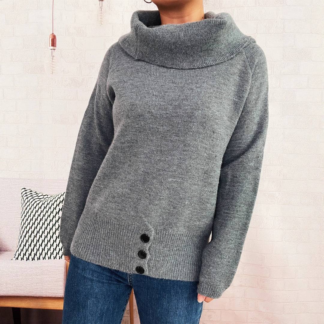 Damen Strickpullover mit hochschließendem Kragen und seitlichen Knopfdetails Drune