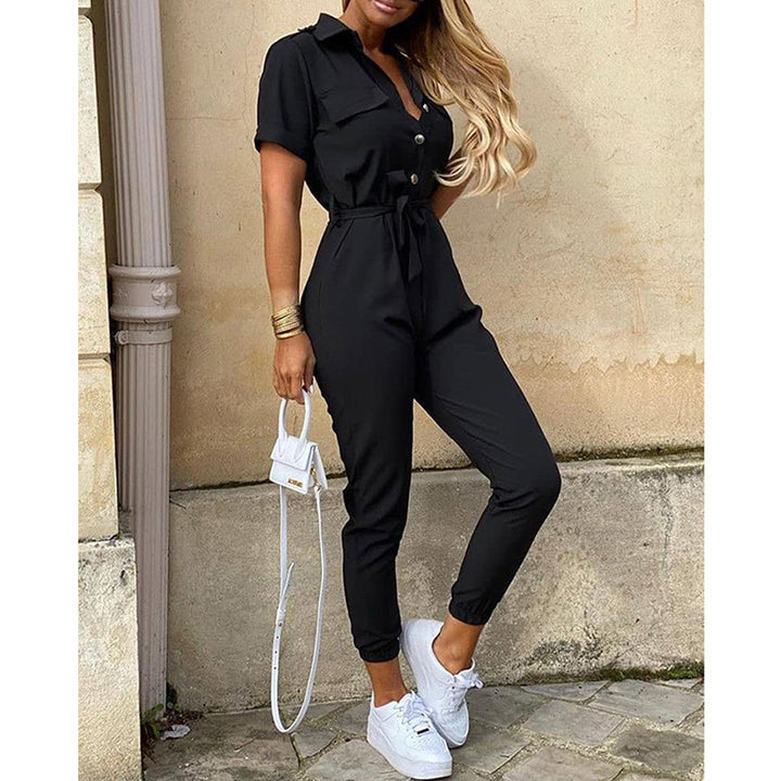 Damen Kurzarm-Utility-Overall mit Taillenbindegürtel und schmalem Joggerbein Drune
