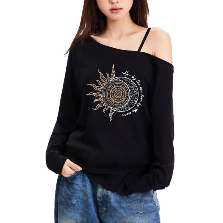 Damen nan lässiges Off-Shoulder Langarmshirt mit asymmetrischem Ausschnitt und detailliertem Sonnen-Mond Mandala-Print Drune
