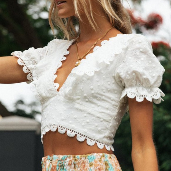 Damen Crop-Top mit floralen Details und Spitzenbesatz Drune