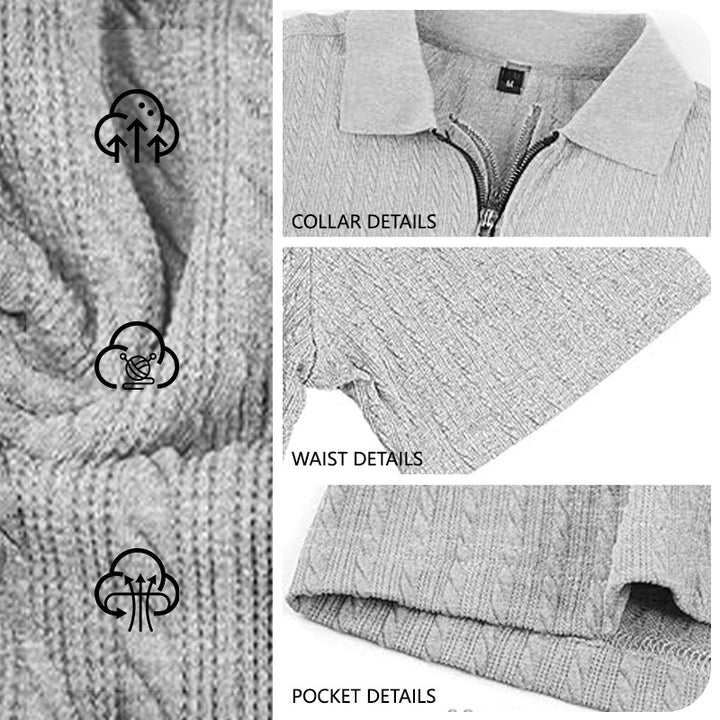 Herren Kurzarm-Strickpoloshirt mit Reißverschluss und Zopfstrickstruktur Drune