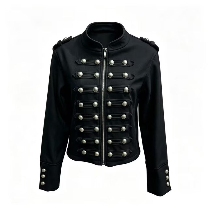 Damen Kurzjacke im Military‑Stil mit Stehkragen, Zierknopfleiste und Schulterklappen Drune