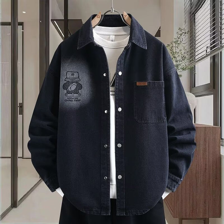 Herren Oversized Denim-Hemdjacke im Relaxed-Worker-Style mit Brusttasche und Druckknöpfen Drune
