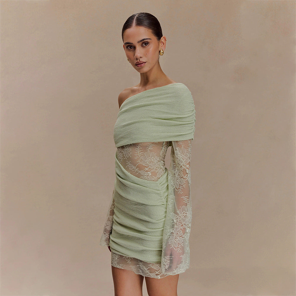 Damen elegantes Minikleid mit Spitzenärmeln Drune