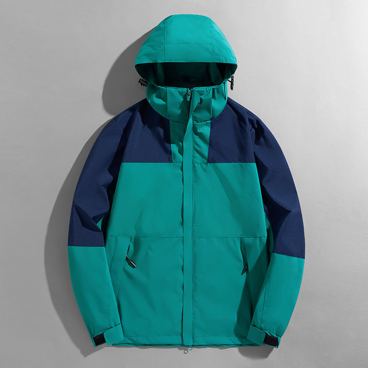 Herren zweilagige technische Kapuzen-Outdoorjacke mit hochschließendem Stehkragen und verstellbarer Kapuze Drune
