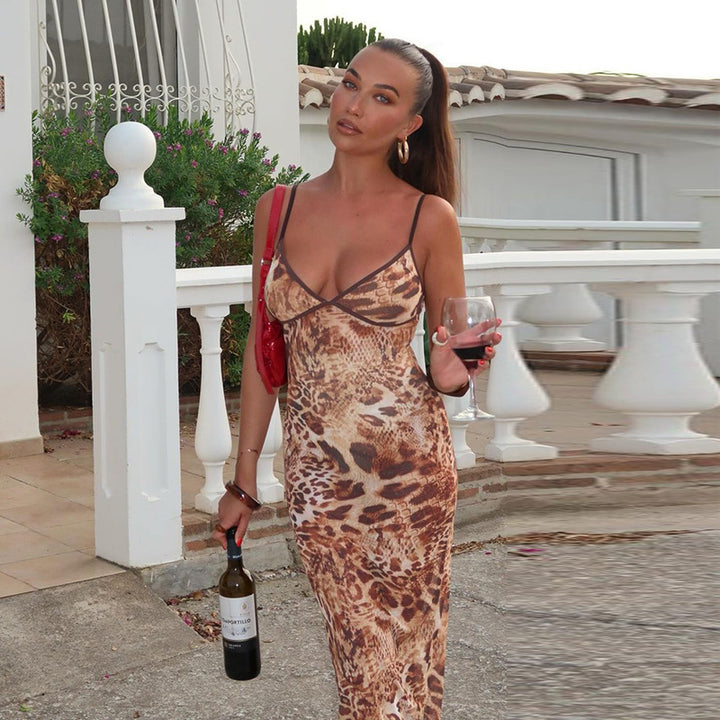 Damen ärmelloses Maxikleid mit schickem Animal-Print und figurbetontem Schnitt Drune