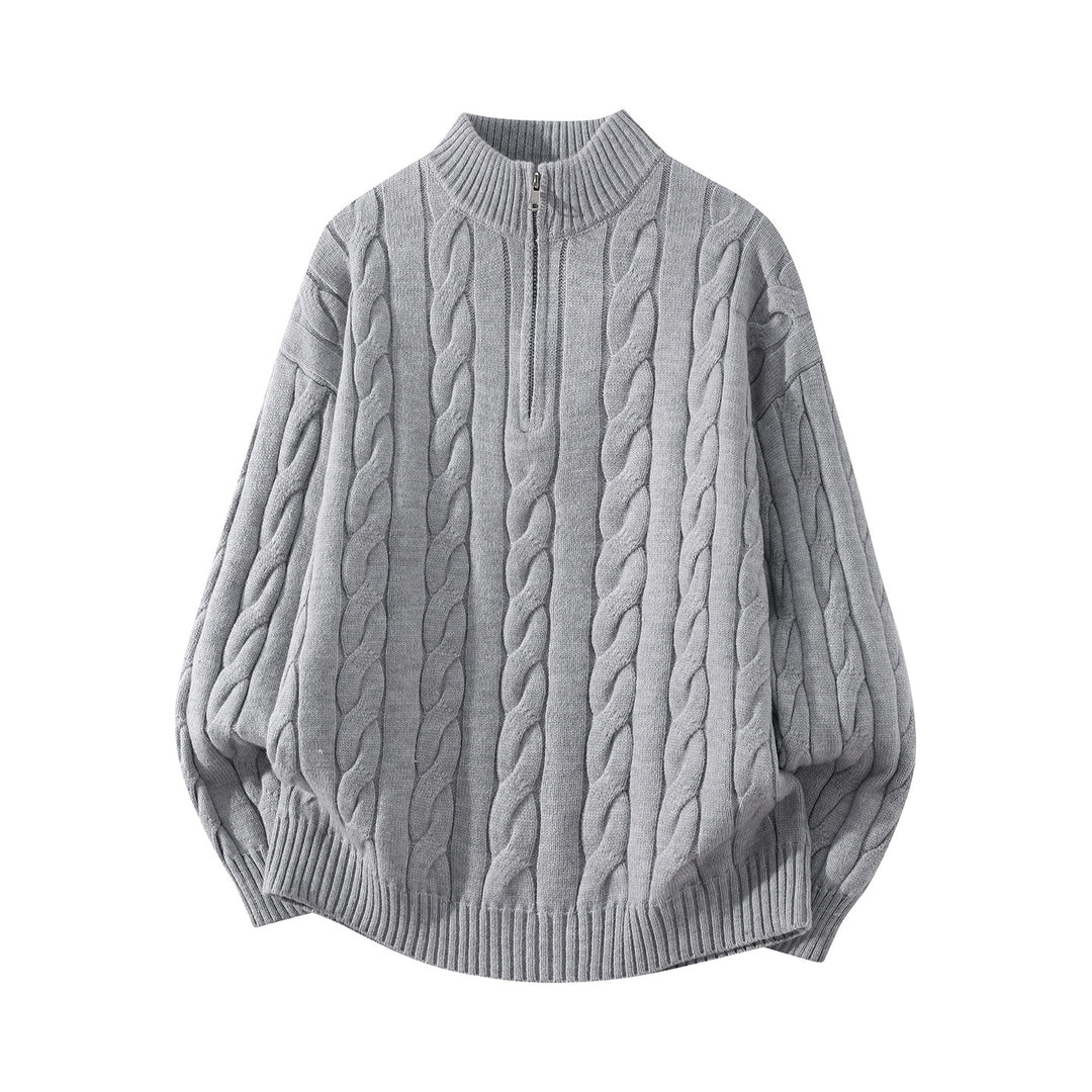 Damen Oversize Zopfmuster-Halbreißverschluss-Pullover mit Ballonärmeln und Stehkragen Drune
