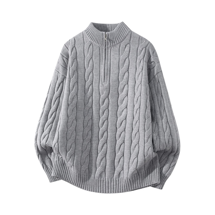 Damen Oversize Zopfmuster-Halbreißverschluss-Pullover mit Ballonärmeln und Stehkragen Drune
