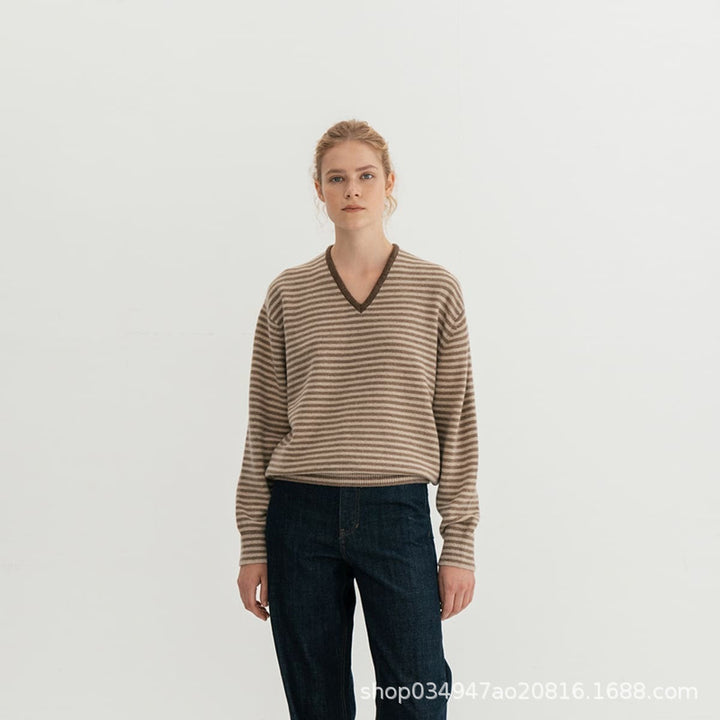 Damen Feinstrickpullover mit V-Ausschnitt und Streifenmustern Drune