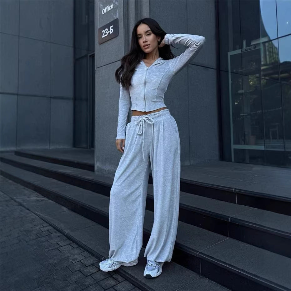 Damen Lounge-Set mit taillierter Kapuzenjacke und extraweiter Palazzo-Jogginghose Drune