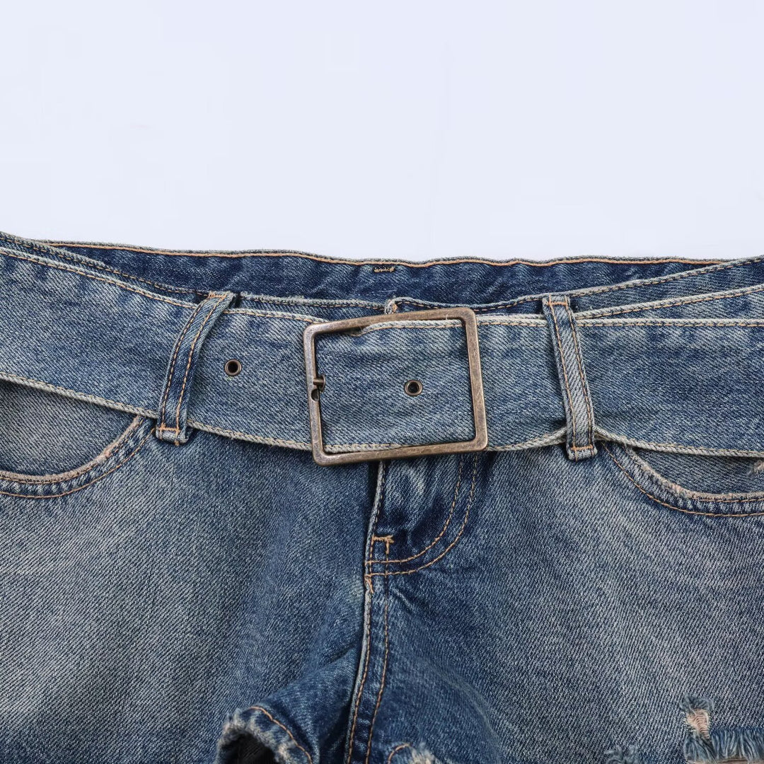 Damen modische Destroyed Denim-Shorts mit verstellbarem Gürtel Drune