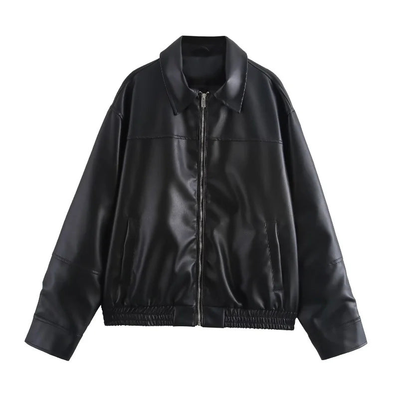 Damen modische Kunstlederjacke mit elastischem Bund Drune
