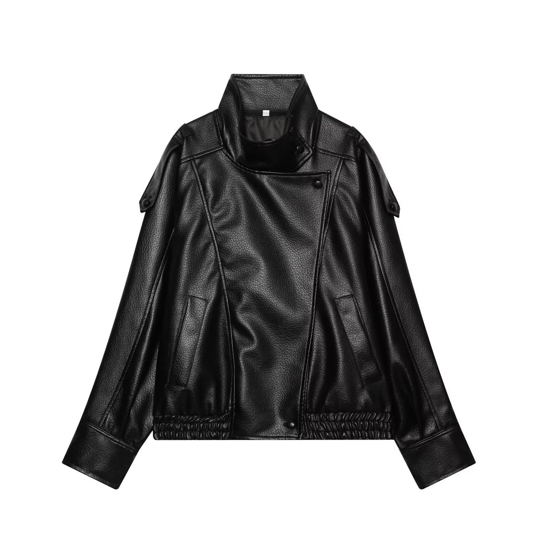 Damen Kurzjacke im asymmetrischen Biker‑Trenchstil aus veganer Lederoptik mit hohem Stehkragen Drune