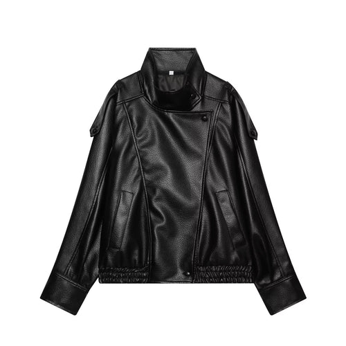 Damen Kurzjacke im asymmetrischen Biker‑Trenchstil aus veganer Lederoptik mit hohem Stehkragen Drune