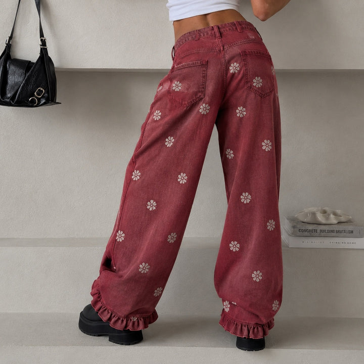 Damen weite Denimhose mit Gänseblümchen-Print, hohem Bund und Rüschenabschluss Drune