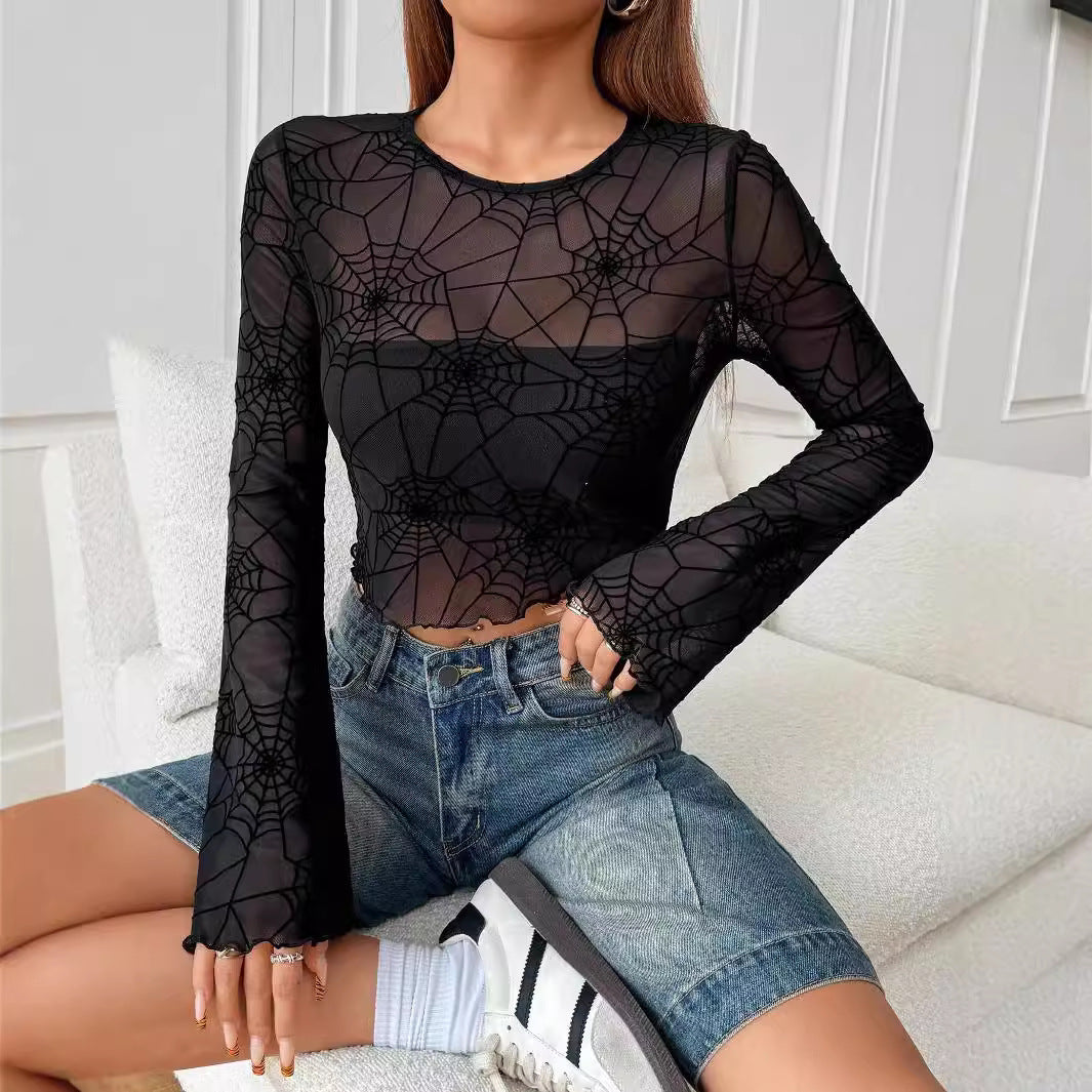 Damen nan transparentes Netztop mit samtigem Spinnennetzprint und bauchfreiem Schnitt Drune