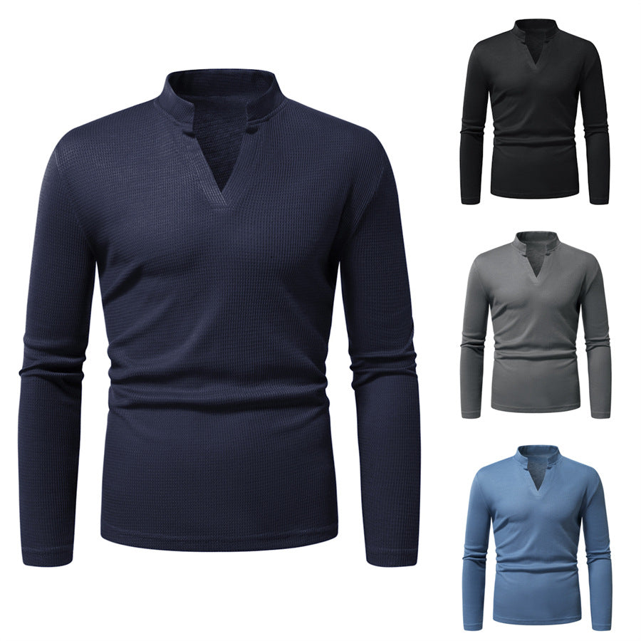 Herren Thermisches Waffel-Strickshirt mit Stehkragen und V‑Ausschnitt Drune
