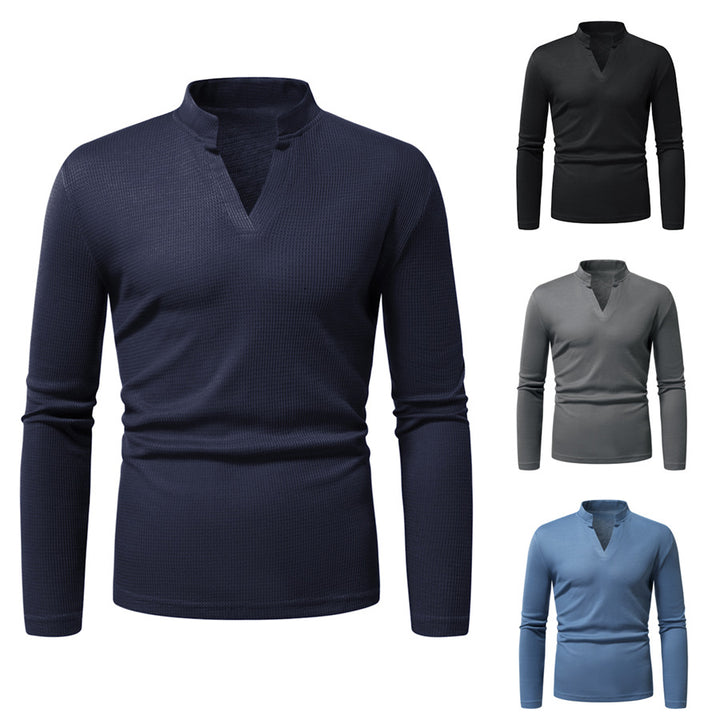 Herren Thermisches Waffel-Strickshirt mit Stehkragen und V‑Ausschnitt Drune