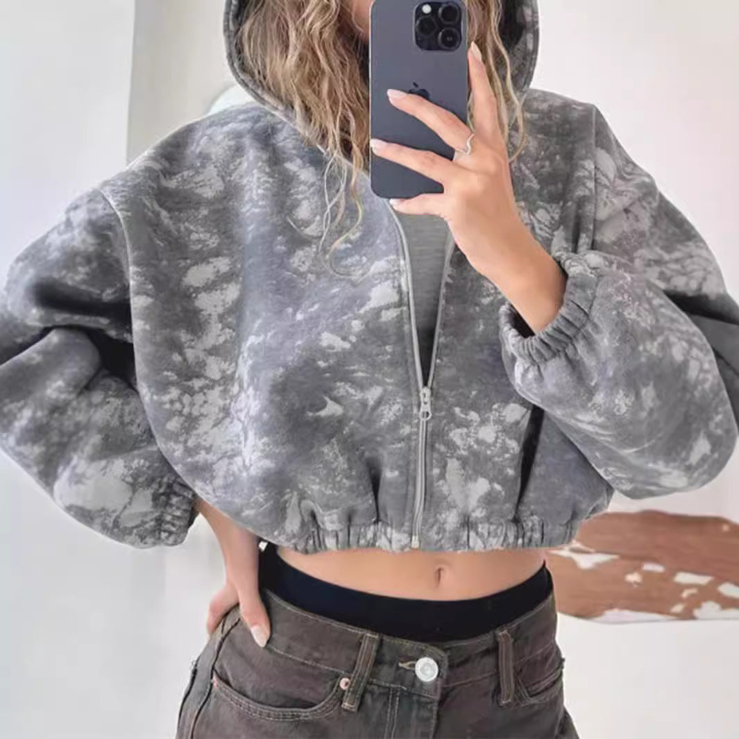 Damen nan kurzes Zip-Hoodie mit Used-Effekt, Kapuze und elastischem Saum Drune