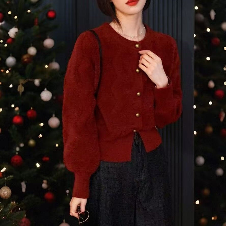 Damen Gemusterte Strickjacke mit Knöpfen Drune