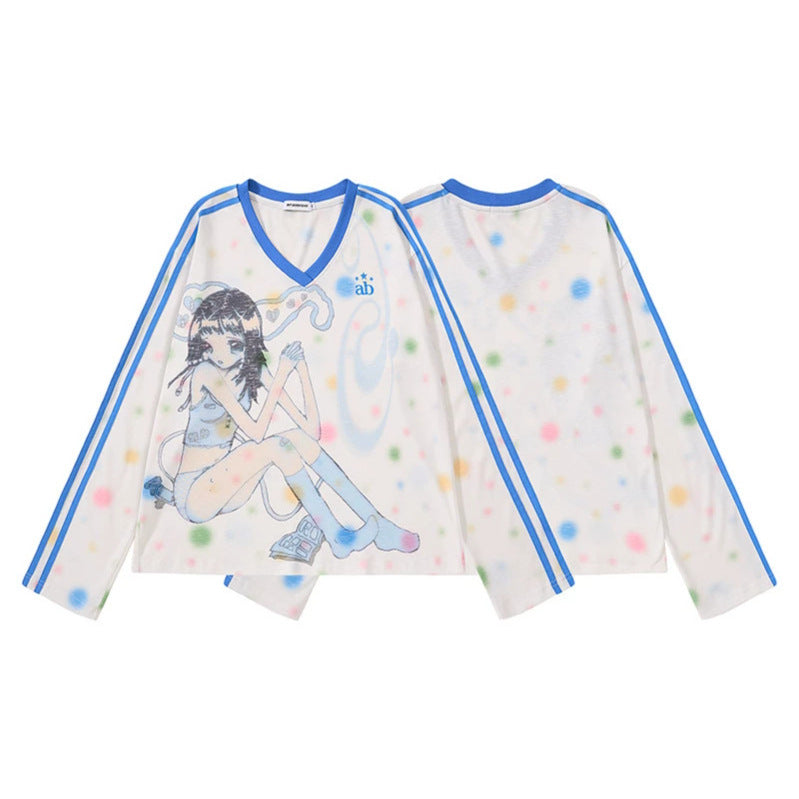 Damen Cropped Mesh-Longsleeve mit V-Ausschnitt, Anime-Print und Kontraststreifen Drune
