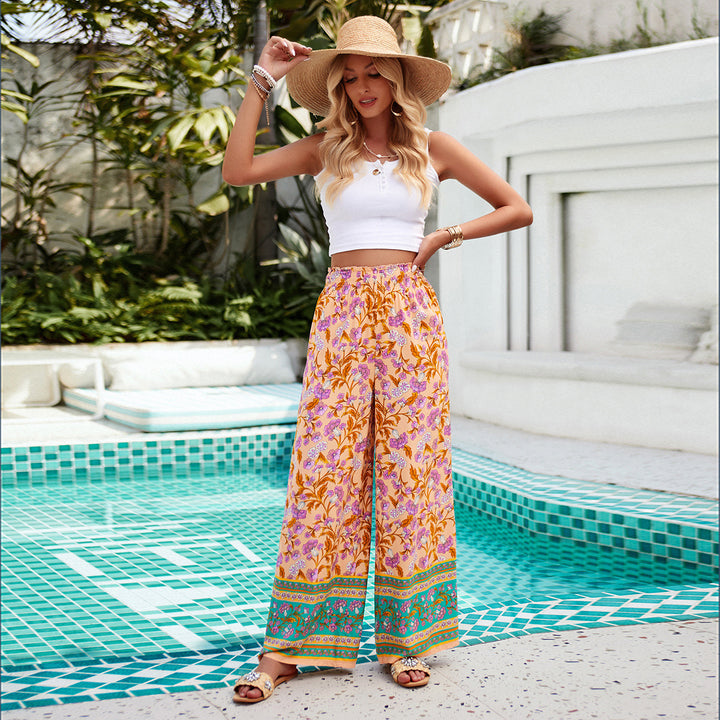 Damen nan weite Palazzohose mit gerafftem Bund, seitlichen Eingrifftaschen und floraler Boho-Print Drune