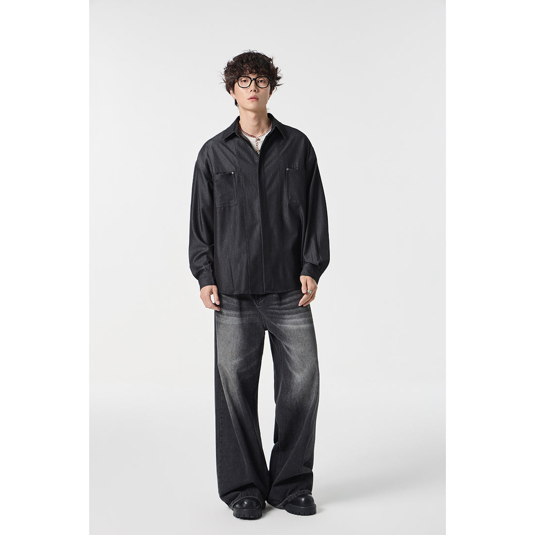 Herren Oversize Hemdjacke aus leichter Denim-Qualität mit verdeckter Knopfleiste und Brusttaschen Drune
