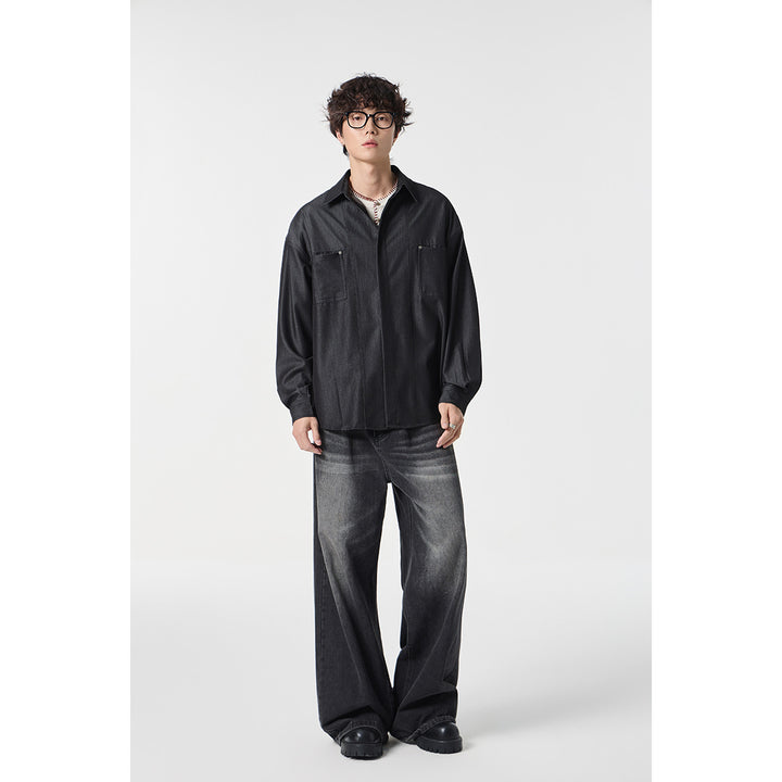 Herren Oversize Hemdjacke aus leichter Denim-Qualität mit verdeckter Knopfleiste und Brusttaschen Drune