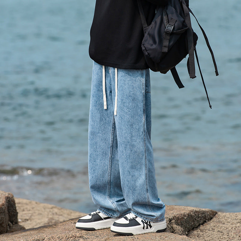 Herren Weite Vintage‑Washed Baggy-Jeans im Joggerstil mit Tunnelzugbund und geripptem Knöchelabschluss Drune