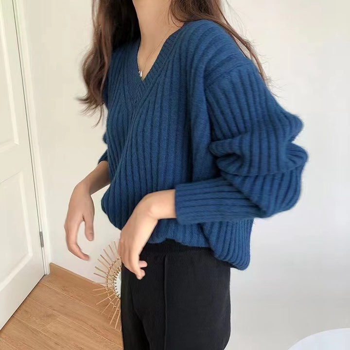 Damen Viskose-Strickpullover mit V-Ausschnitt und geripptem Design Drune
