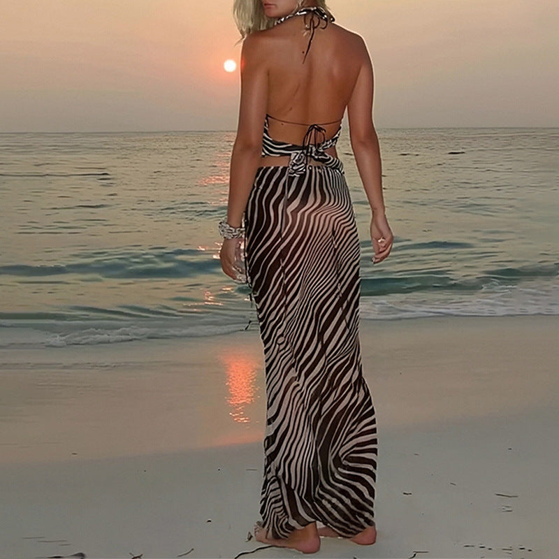 Damen Leichtes Tiermuster Strandkleid mit Verstellbaren Trägern und Fließendem Schnitt Drune