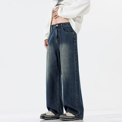 Herren Weite Bodenlange Denim‑Palazzohose mit verlängertem Saum und soften Used‑Akzenten Drune