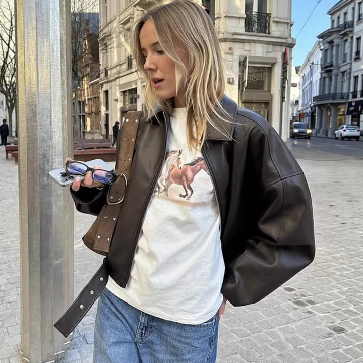 Unisex Oversize Kunstlederjacke mit Reißverschluss Hemdkragen und Taillengürtel Drune