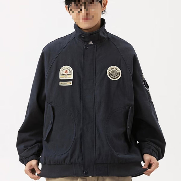 Herren Overshirt-Bomberjacke im Military-Look mit Emblem‑Patches, Ärmeltasche & geripptem Saum Drune