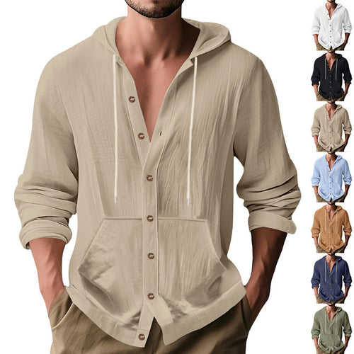 Herren nan knopfverschlossene Kapuzenhemdjacke aus leichtem Baumwollmix mit Kängurutasche Drune