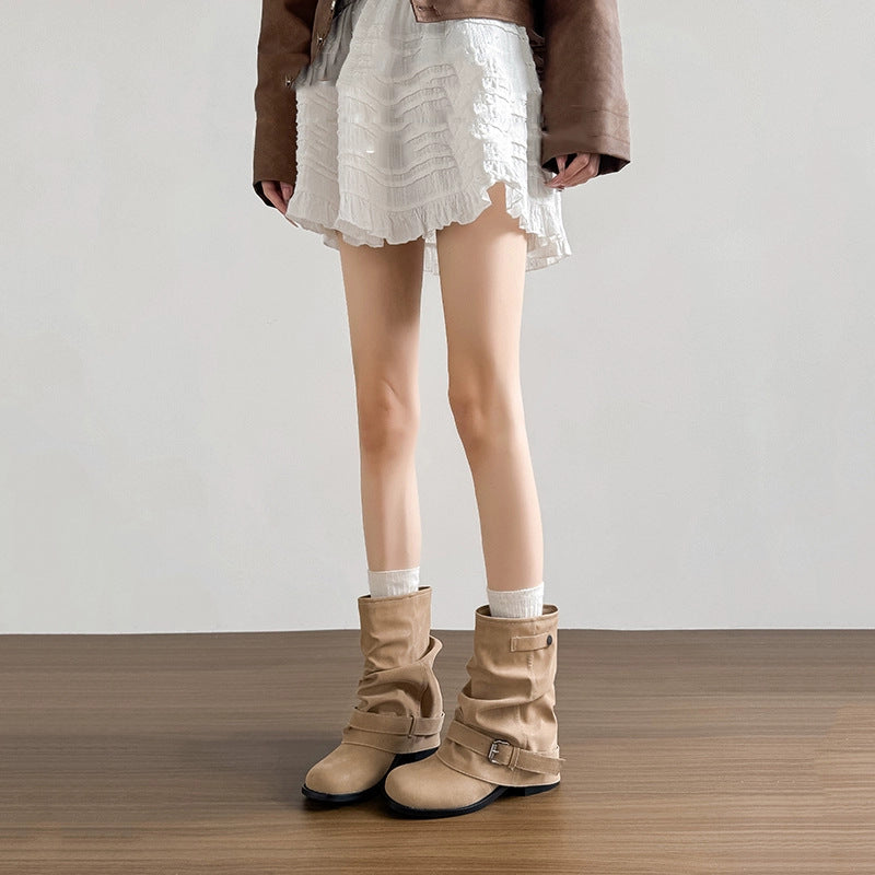 Damen Modische Stiefeletten mit lässigem Falten-Design und eleganter Schnallenverzierung Drune